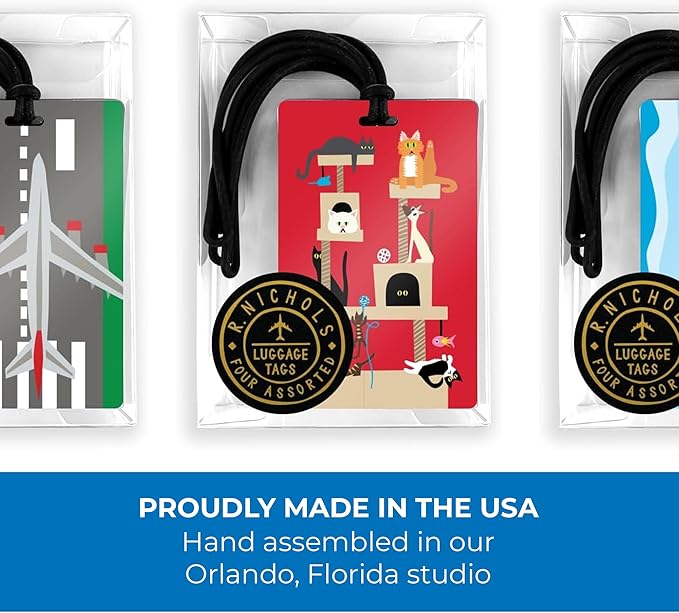 R. Nichols Cat Luggage Tag Set - Sturdy Waterproof Plastic Travel Labels for Baggage, Suitcases, Backpacks, and Diaper Bags, 