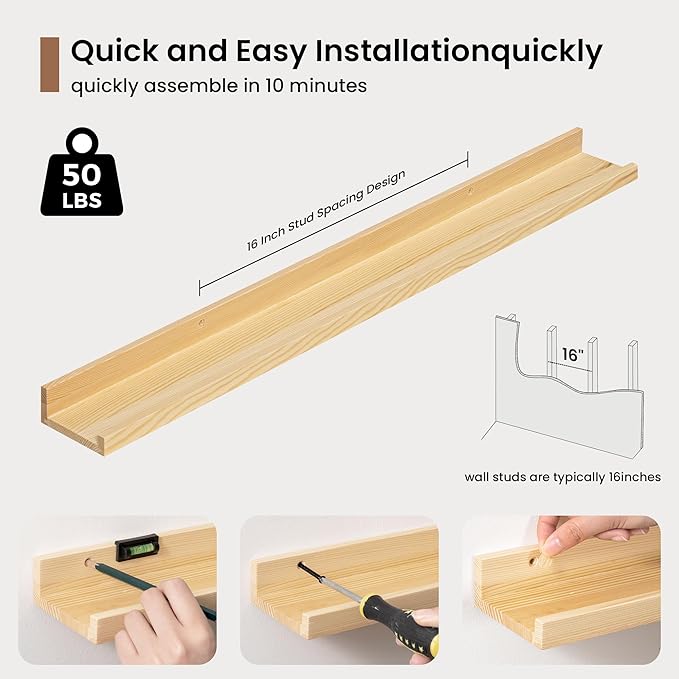 Picture Ledge Shelf, Floating Shelves Set of 2, 32 Inches Solid Wood Nursery Book Shelves for Toys Storage, Kids Bookshelf Wa