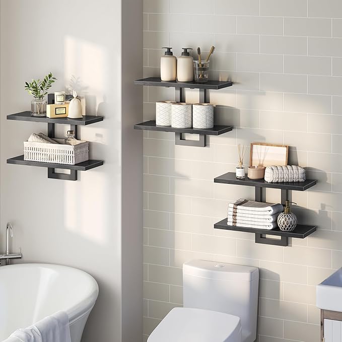 HOOBRO Floating Shelves, 15 Inch Wall Shelf Set of 3, Wall Mounted Storage Shelves 2-Tier, Hanging Bathroom Shelves, for Livi