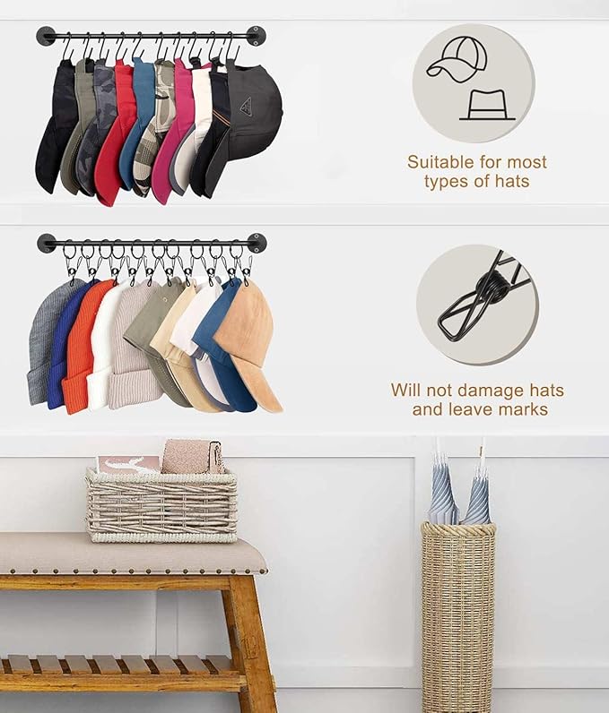Livelab Hat Rack for Wall, Hat Organizer for Baseball Caps with 10 Hooks+10 Clips, 2 Pack Modern Metal Hat Storage Wall-Mount