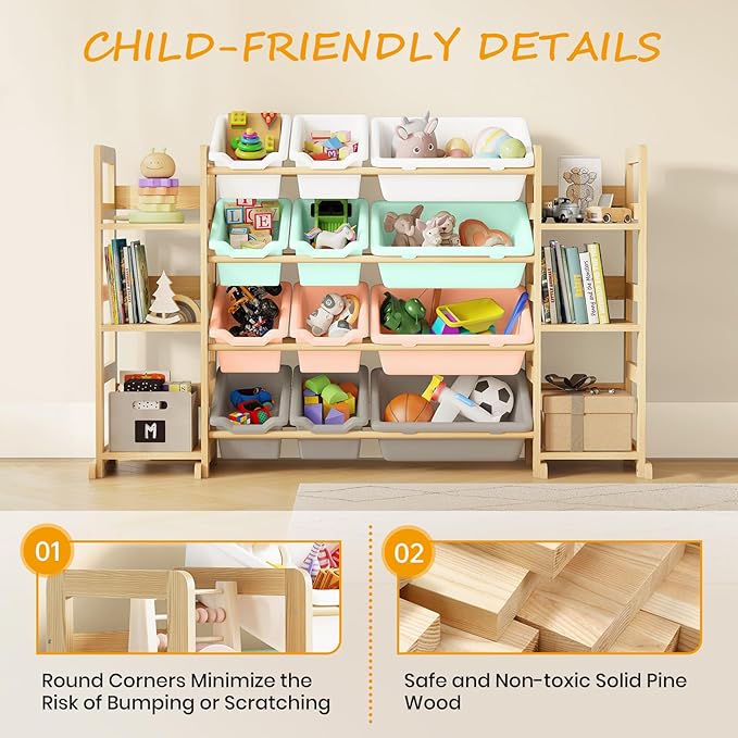 EXPERLAM Extra Large Toy Storage - Toy Storage Organizer, Wooden Toy Organizer with 6 Side Shelves and 12 Bins, 3-in-1 Booksh