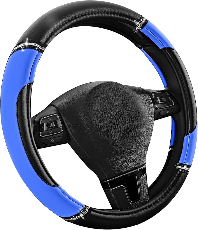 Road Comforts Leather Steering Wheel Cover - Made with PVC Leather - Anti-Slip, Universal Fit 14 1/2 inches to 15 inches - Bl