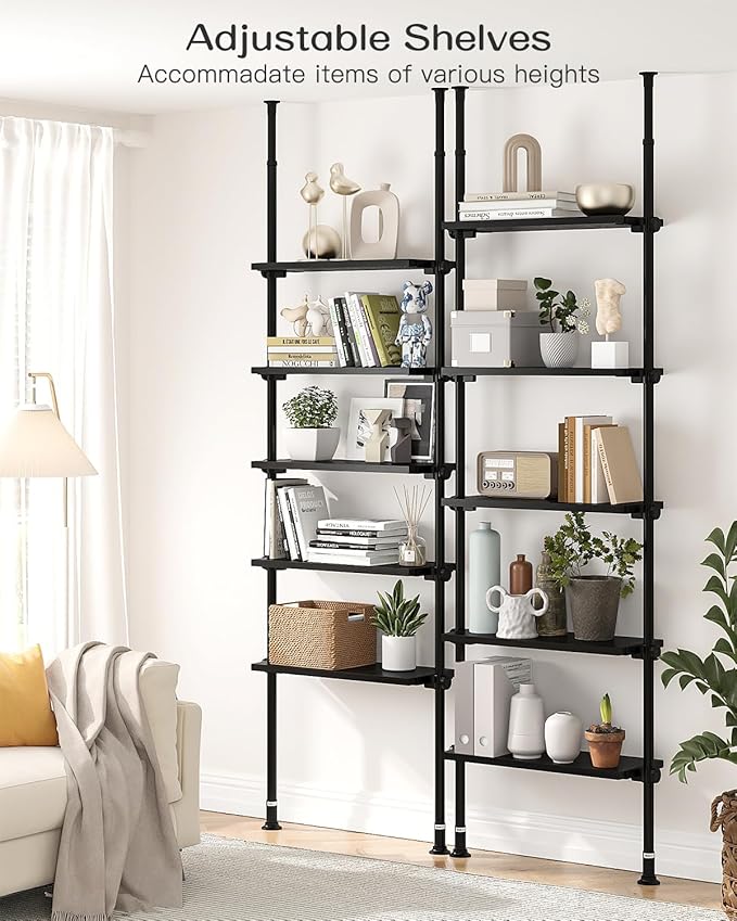 ALLZONE 5 Tiers Narrow Bookshelf, Tall Adjustable Ladder Book Shelf with Open Storage, Floor to Ceiling Tension Mount, Wooden