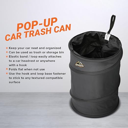 Armor All Car Trash Can, 3.3 Gallon Pop-Up Garbage Bin, Waterproof, Loop for Hanging, Velcro Base, Washable, Metal Frame, Portable Collapsible Design for Easy Storage, 12” Inch High x 9” Inch Wide