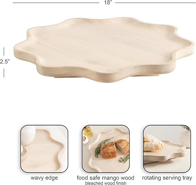 Kate and Laurel Alezar Mango Wood Wavy Round Lazy Susan Tray, 18 Inch Diameter, Light Bleached Wood, Scalloped Wooden Counter