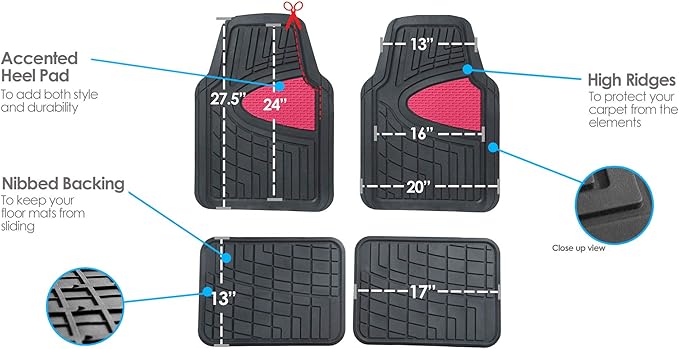 FH Group Premium Liners Tall Channel Trimmable All Weather Rubber Full Set Car Floor Mats (Pink) w. Trimmable All-Season Cargo Liner (Black) - Universal Fit for Cars Trucks and SUVs