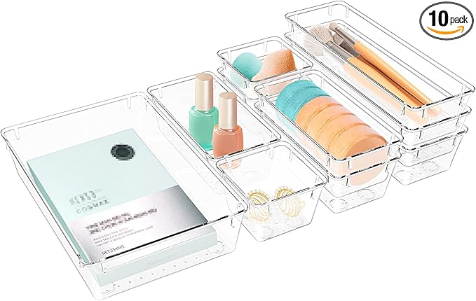 StorMiracle 10 PCS Drawer Organizer Set,4 Varied Size Bathroom and kitchen Drawer cabinet organizer Trays, Clear Storage Bins