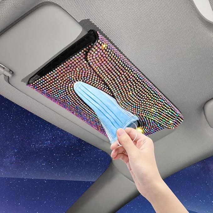 Bling Car Sun Visor Tissue Box Holder Pure Hand-Made Sparkling Crystal Auto Napkin Holder PU Leather Backseat Tissue Case for Women (Colorful)