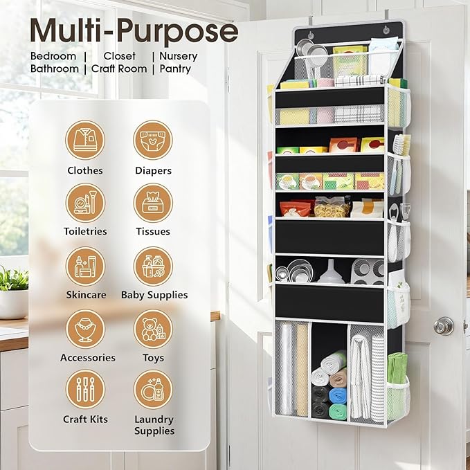 WISELIFE 5-Tier Over the Door Organizer for Hanging - 50LB Heavy-Duty Back of Door Organizer with 5 Spacious Pockets & 13 Mes