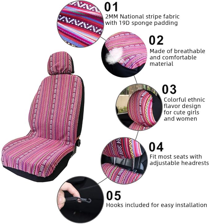 Pink Car Seat Cover Hippie Boho 4PCS Cute Western Accesories for Women Girls' GIF, Automotive Interior Covers Stripe Multi-Co