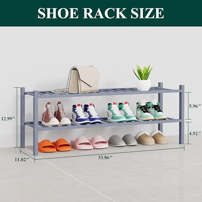 Smiry Shoe Rack, 2 Tier Thick Long Bamboo Shoe Organizer, Stackable Free Standing Wooden Shoe Storage Shelf for Closet, Entry