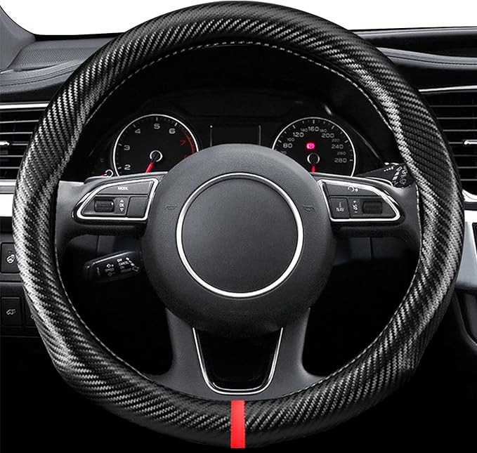 Ergocar Carbon Fiber Material Steering Wheel Cover Anti-Slip Breathable Sweat Absorbent Fashionable Sport Steering Wheel Sleeve for the Round Shape with Diameter of 15"（37.5-38cm）-Black Stripe
