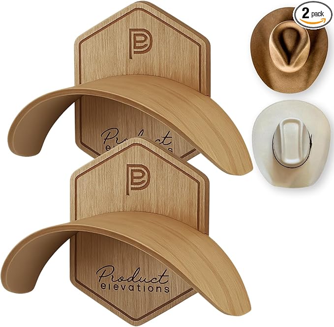 Hat Hooks for Wall Set of 2 – Cowboy Hat Hanger for Fedoras, Caps & Wide Brim Hats – Wooden Curved Rack Preserve Hat Shape – 