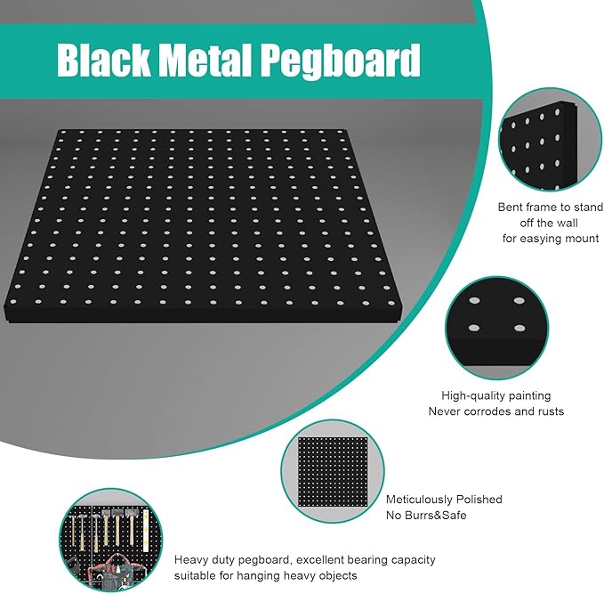 Pegboard, 4 PCS 16”×16” Large Heavy Duty Metal Pegboard Panels with Frame Black Peg Board Display Peg Boards for Walls, Displ