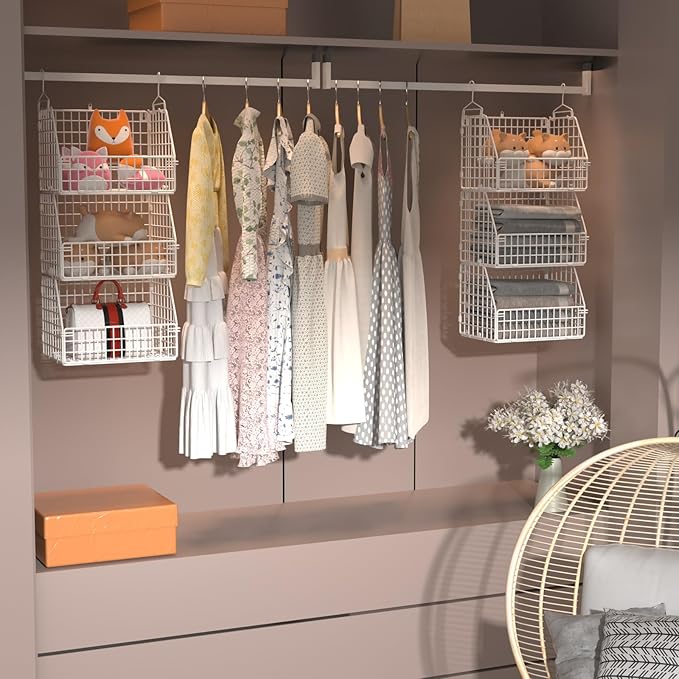 PUPPYCUTE Hanging Closet Organizer and Storage, Clothes Hanging Shelves Wire Baskets for Clothing Sweaters Purse Handbags Sho