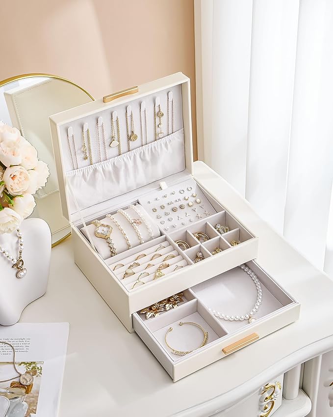 Lolalet 2-Layer Jewelry Box Organizer for Women Girls, Jewelry Storage Case Holder with Drawers for Necklaces Ring Earrings B