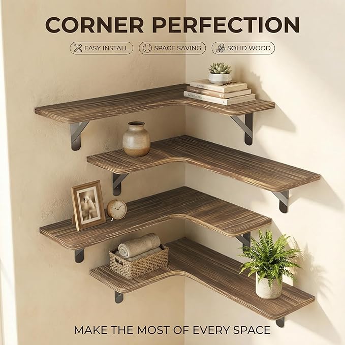 Corner Floating Shelves Wall Mounted Set of 4, Rustic Wood Corner Shelves for Bedroom Living Room Bathroom Kitchen Storage an