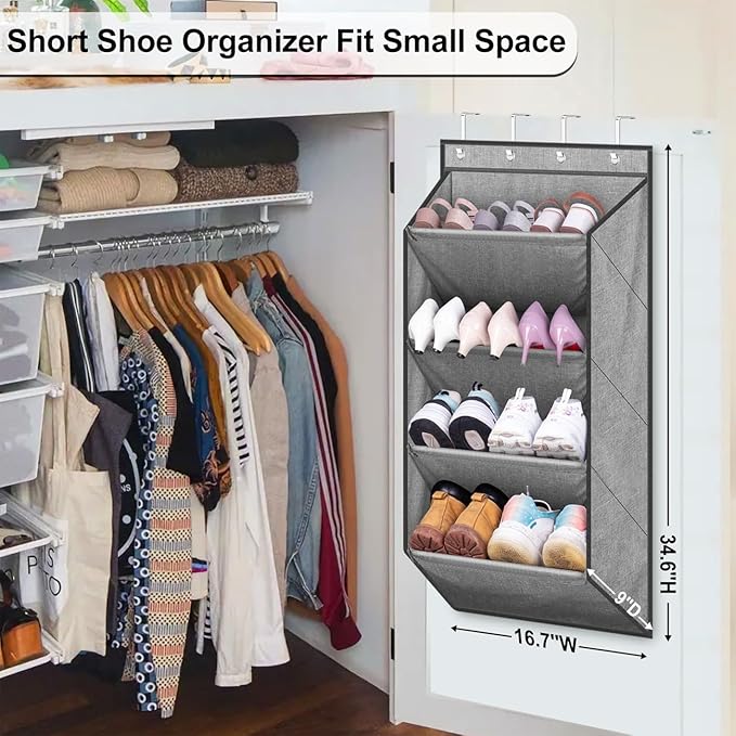 SLEEPING LAMB Over the Door Shoe Organizer for Closet, Short Hanging Shoe Rack with Large Deep Pockets, Narrow Door Sneaker S