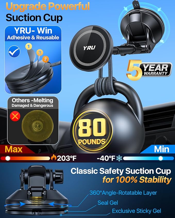 YRU Upgraded Magnetic Phone Holder Car【Patented & Super Magnet】 for MagSafe Mount Dashboard Windshield Vent Magnet Phone Cradle Stand for iPhone 17 16 15 14 13 12 Pro Max Samsung Truck, Black