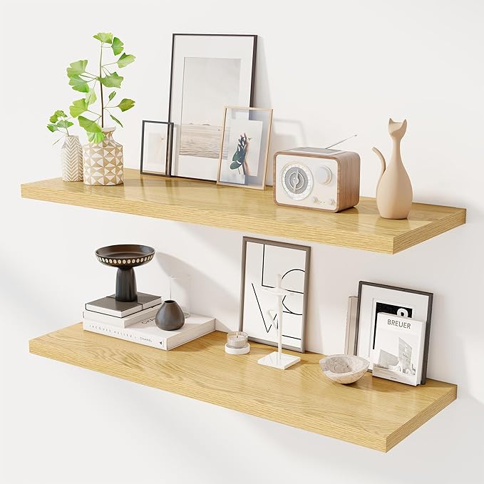 Dreamland 40" Floating Shelves for Wall, 12" Deep Slim Oak Floating Shelves, Wall-Mounted Shelves for Bedroom, Living Room, K