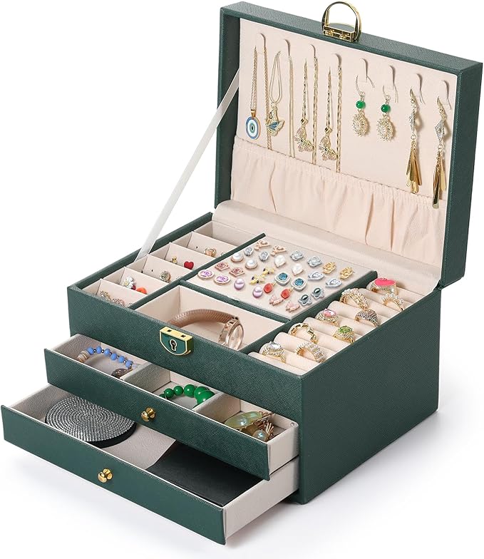 coobest 3 Layer Jewelry Box, Jewelry Holder Organizer with 2 Drawer Tray, Large boxes for Women Velvet Earring Organizer, Loc
