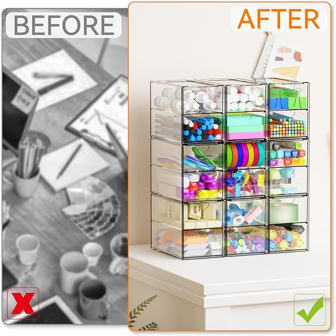 Yieach 9 Pack Small Acrylic Drawers With 18 Drawers,Clear Drawer Organizers Stackable,School,Office Supplies Organizer And St