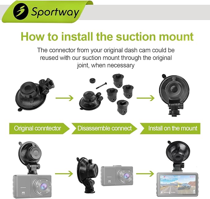 Sportway S504 Suction Cup Dash Cam Mount Holder (5th Gen) with 4pcs 360 Rotating Joints for Apeman Ssontong Biuone iZEEKER HaHoco and Most Other Car Dash Cameras