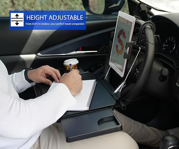 2-in-1 Car Steering Wheel Tray & Car Desk for Laptop with Phone Holder – Height Adjustable Steering Wheel Desk, Car Laptop Desk & Food Tray, Car Table Tray – Fits Cars, SUVs & Trucks