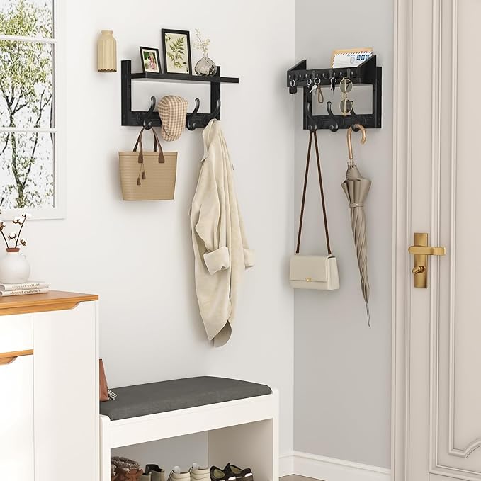 Evermagin 29" Coat Rack Wall Mount with Shelf, 4 in 1 Wall Mounted Coat and Key Hanger with 11 Hooks, Entryway Key Holder wit