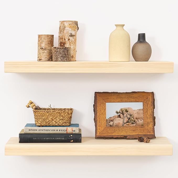 Marsmiles Natural Floating Shelves for Wall - 24 Inch Unfinished Wooden Floating Shelves Set of 2-24 Inch Wide x 7.7 Inch Dee