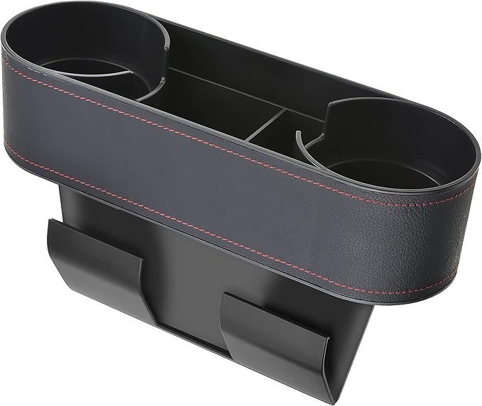 Iokone Coin Side Pocket Console Side Pocket Leather Cover Car Cup Holder Auto Front Seat Organizer Cell Mobile Phone Holder (Slim-Black)