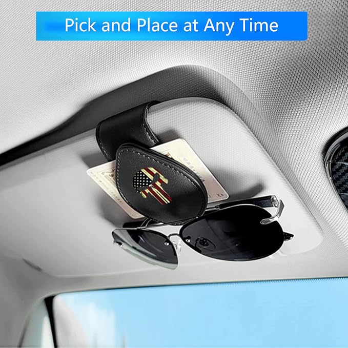 Sunglasses Holder for Car, Leather Glasses Frame, Eyeglass Hanger Card Clip for Car Sun Visor,Sunglasses Holder for Universal Car Visor(American Flag Skull A)