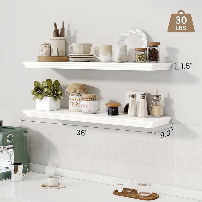 Axeman 36 Inch Floating Shelves for Wall, 9.3" Deep Crown Molding Wood Display Shelf with Heavy Duty Invisible Brackets for L