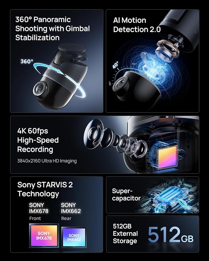 70mai Dual Dash Cam Front and Rear 4K, Car Camera for Cars with Sony IMX678, STARVIS 2 Night Vision, 4G LTE, AI Motion Detect