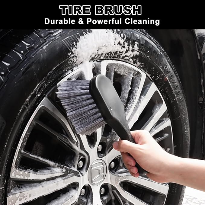 9Pcs Car Wheel & Tire Brush Kit, Wheel Cleaner Brush, Soft-bristled Rim Brush, Car Drying Towel (36"x 24"), Tire Shine Applic