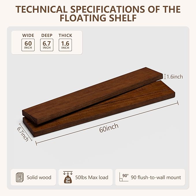 IEO Long Wooden Floating Shelves for Room Wall, Natural Wood Floating Shelves Wall Mounted Kitchen Shelf for Living Room, Bed