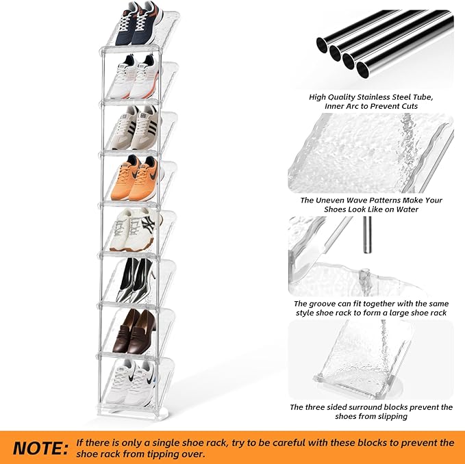 SMILHELTD Vertical Shoe Rack 8 Tiers Narrow Clear Sneaker Storage Holder Luxurious Slim Tall Organizer Space Saving Shelf for