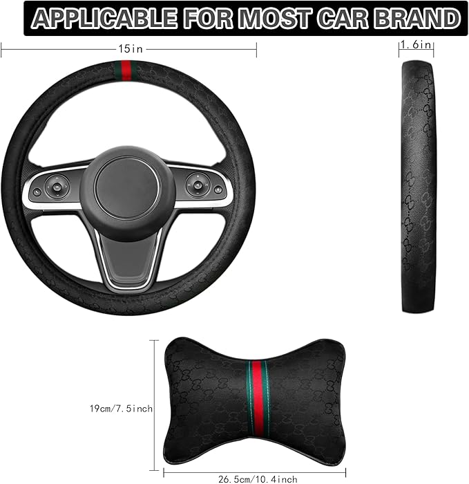 5PCS Steering Wheel Cover, with 2 Headrests, 2 Seat Belt Covers - Universal Fit for 14.5-15" Steering Wheel, Enhances Driving Experience - Perfect for Women (Black)