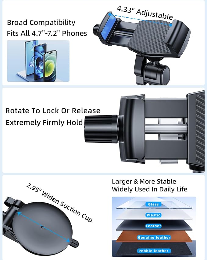 Car Phone Holder for Windshield Window Video Recording Vlogging Filming, Multi-Angle Adjustable & Rotatable & No Swiveling Car Phone Mount for 4.7"-6.9" iPhone 16 15 14 Samsung S25 Ultra