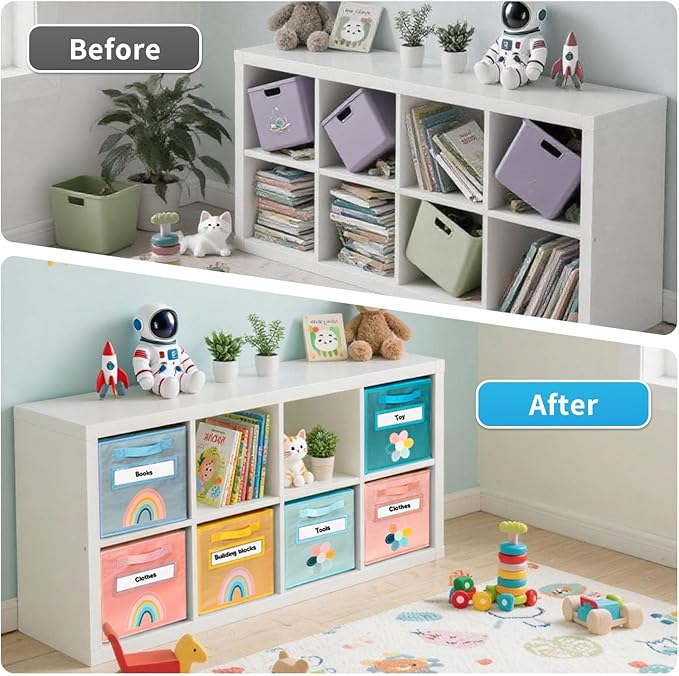 Cube Storage Bins, 6 Pack 11 Inch Fabric Storage Bins with Handle and Label Window, Foldable Storage Cubes, Colorful Fabric B