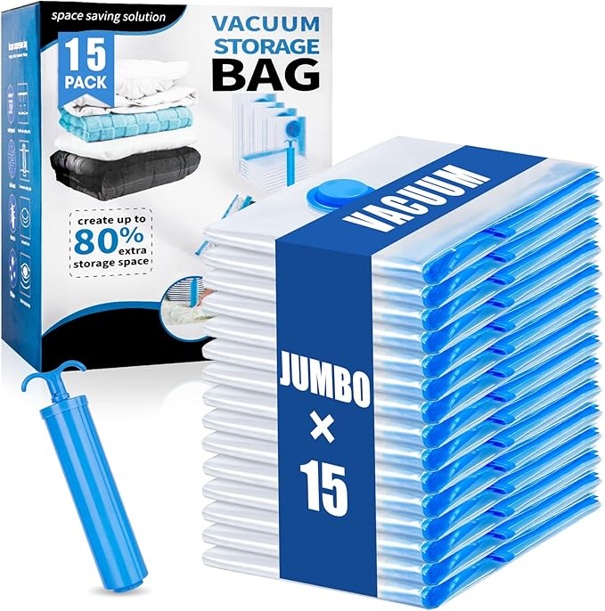 15 Jumbo Vacuum Storage Bags, Vacuum Seal Bags for Clothing Space Saver Compression Storage Bag with Hand Pump Extra Large fo