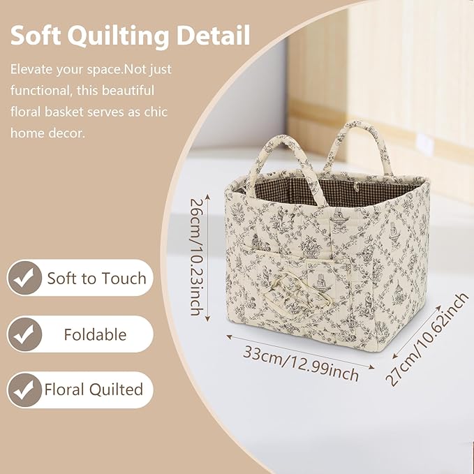 Storage Basket Boho Fabric Large Collapsible Floral Laundry Nursery Hamper Portable Folding Storage for Clothes Toys (Vine-Co