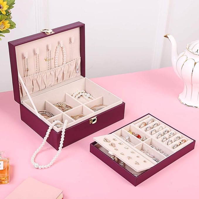 Voova Jewelry Box Organizer for Women Girls, 2 Layer Large Men Jewelry Storage Case, PU Leather Display Jewellery Holder with