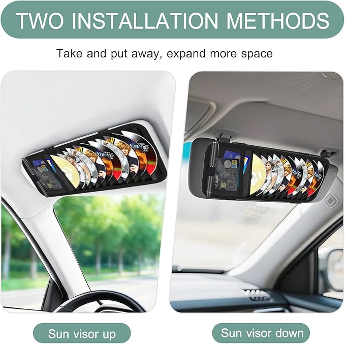 Sun Visor CD Holder, 12-Capacity Car Visor Organizer with DVD Sleeves and Mesh Pocket, Universal Visor Storage for Vehicle CD Case and Pen Holder Ergonomic Design (Black 2 Pcs)