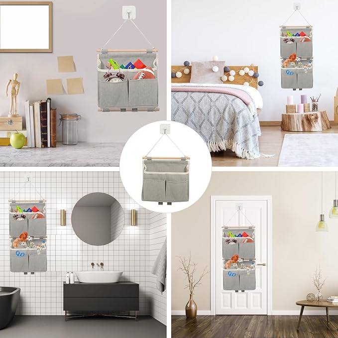 4 Pcs Wall Hanging Storage Caddy Bags, Wall Hanging Organizer Bag with Hooks, Linen Cotton Fabric Hanging Wall Door Organizer