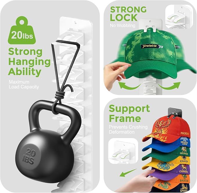 Detachable 2 Pack Hat Hook Organizer for Baseball Caps, Hat Hanger Holder for 20 Caps, Wall Hat Rack with Strong Adhesive, Mu