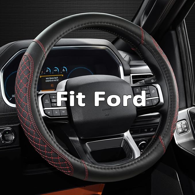 West Llama Customized Auto Car Steering Wheel Cover for Ford F-150, F-250, F-350, Expedition(Diamond Quilted - Black+Red)