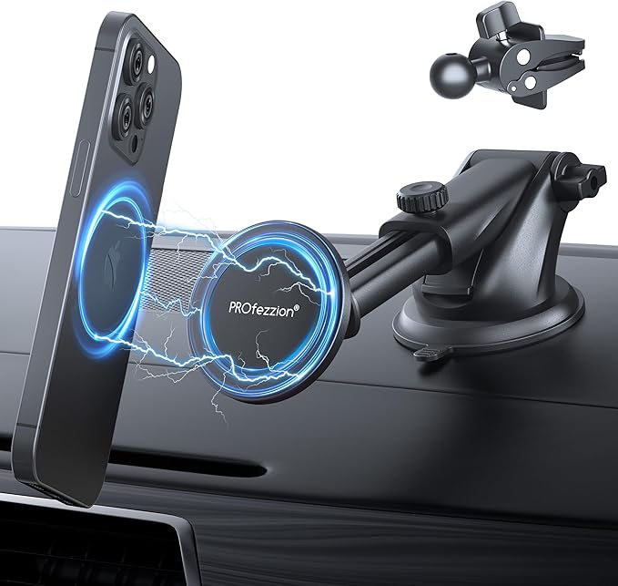 PROfezzion Suction Cup & Vent Clip Combo Magnetic Phone Holder Compatible with MagSafe on Car Dash, Windshield or Vent for iPhone 17 16 15 14 13 Pro Max, Mag-Safe Case & All Phones [Telescopic Arm]