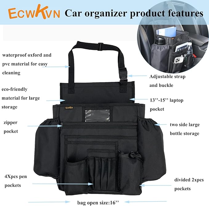 Car Front Seat Organizer - Car File Organizer, Passenger Seat Storage Bag Law Enforcement - Vehicle Storage with Dedicated Laptop Tablet Holder Cup Holder, Black