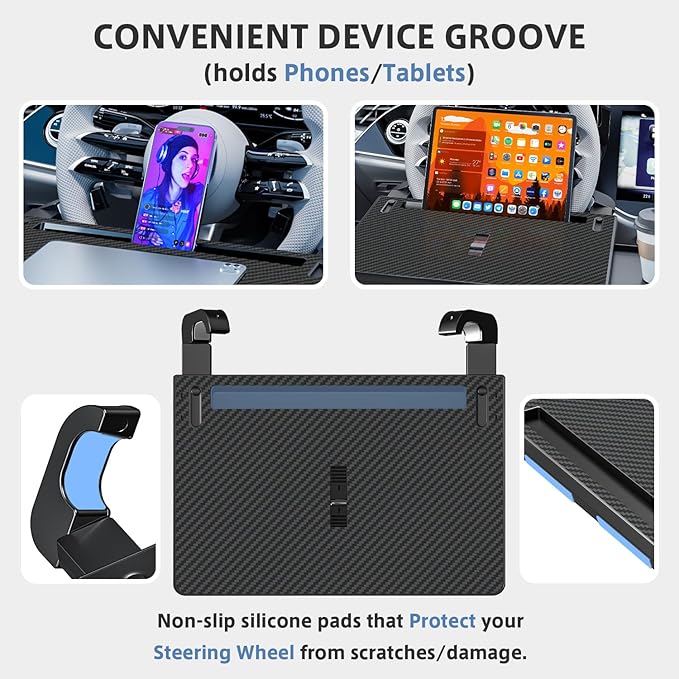 Steering Wheel Tray, Car Food Tray, Car Desk for Laptop, Carbon Fiber Look Multipurpose Car Table for Eating & Work, Adjustable Car Tray with Drawer and Anti-Slip Protective Adhesive